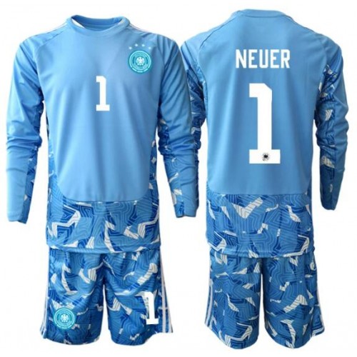 Stroje piłkarskie Niemcy Manuel Neuer #1 Bramkarskie Koszulka Wyjazdowej dla dzieci MŚ 2026 Długi Rękaw (+ szorty)